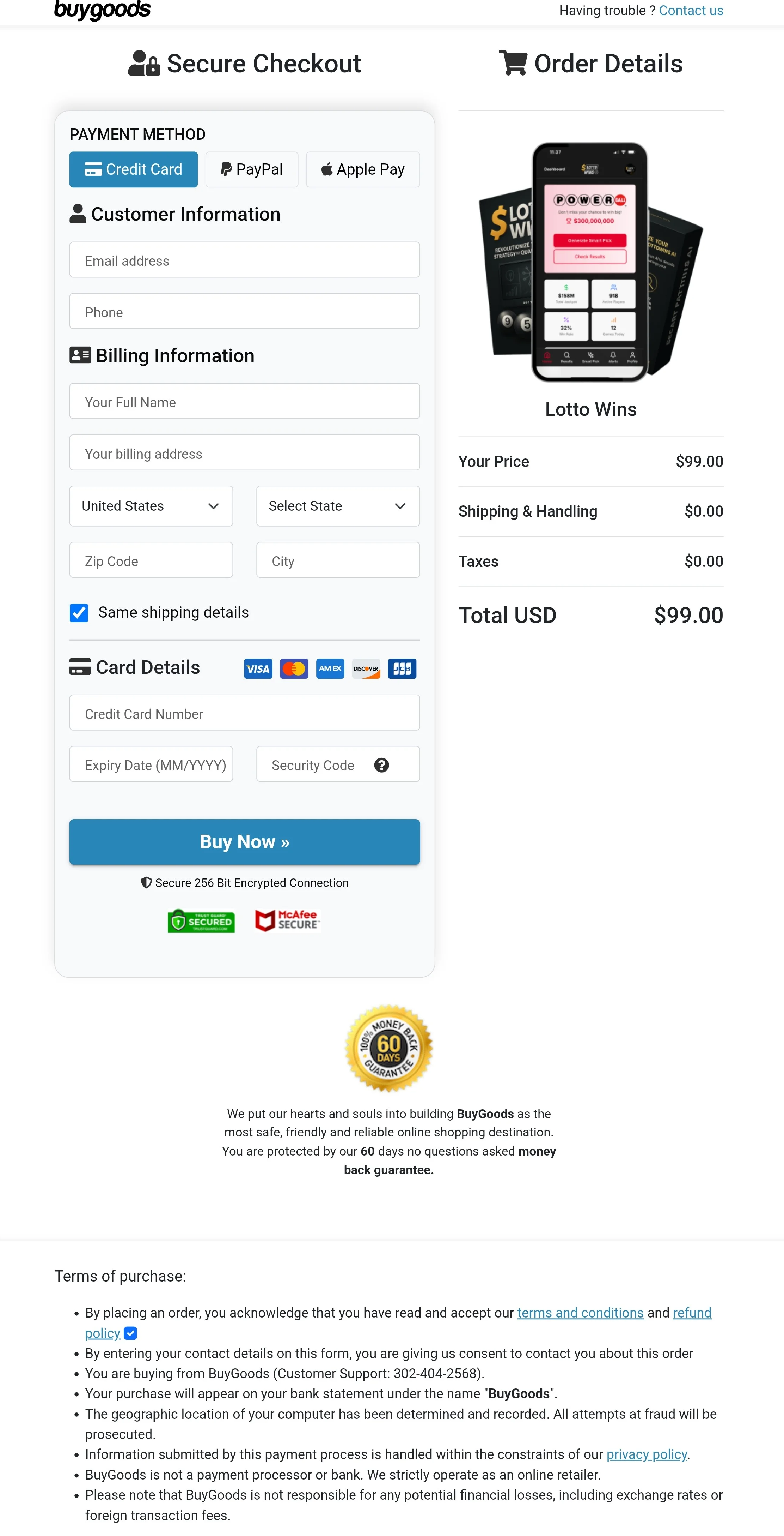 LottoWins order form